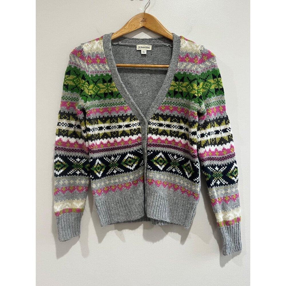 St Johns Bay Fair Isle Cardigan Sweater Womens L Gray V-Neck Button Up